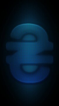 Blue Ukrainian Hryvnia Symbol Waving Flag Animation, Digital Dot Particles on Dark Background, Glowing Cyan Dot Grid Waving Currency Symbol, 4K Seamless Loop, Vertical Video 9:16