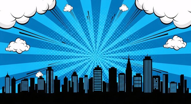 Bright blue sunburst comic background featuring city skyline silhouette and dramatic radial rays ideal for advertising, banners and comic artwork.