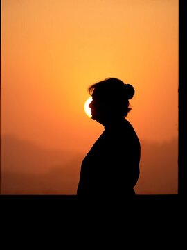 Shadowy matriarch silhouetted against hazy sunset, dreamlike haze, elephant,  silhouetted
