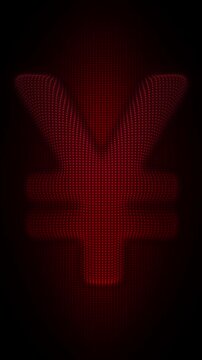 Red Japanese Yen Symbol Waving Flag Animation, Digital Dot Particles on Dark Background, Glowing Red Dot Grid Waving Currency Symbol, 4K Seamless Loop, Vertical Video 9:16