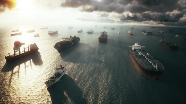 Global Shipping Crisis &ndash; Cargo Ships Waiting at Sea Due to Strait Blockade. Fleet of Tankers and Cargo Ships at Sea. 3d render