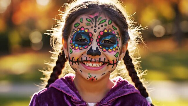 Young girl with colorful sugar skull face paint smiles joyfully outdoors, showcasing intricate designs and vibrant colors against a blurred autumn background