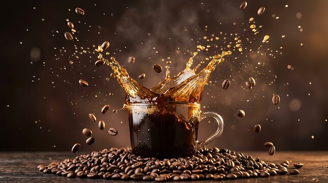 Cangkir kopi hitam panas dengan biji kopi terbang di udara, konsep minuman kopi pagi yang menyegarkan dan energik
