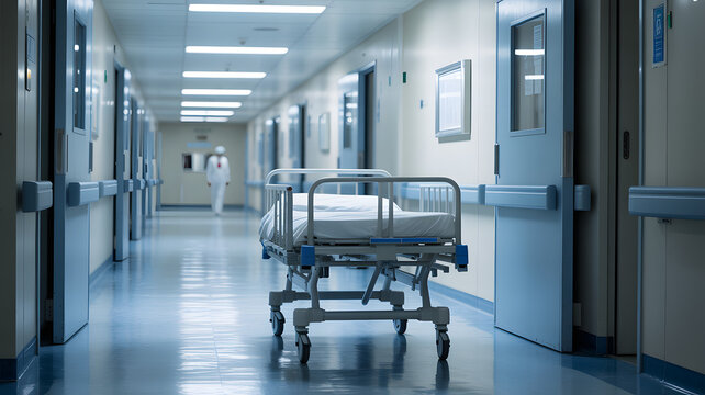 Empty Hospital Corridor with Gurney in Foreground and Medical Worker in PPE in Distance, Clinical and Sterile Healthcare Environment