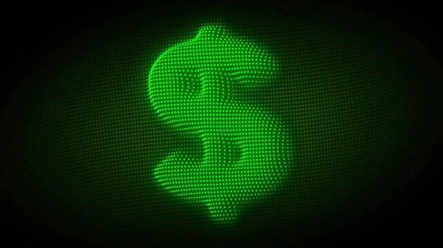Green Dollar Symbol Rotating Animation, Digital Dot Particles on Dark Background, Glowing Green Dot Grid 3D Currency Symbol, 4K Seamless Loop