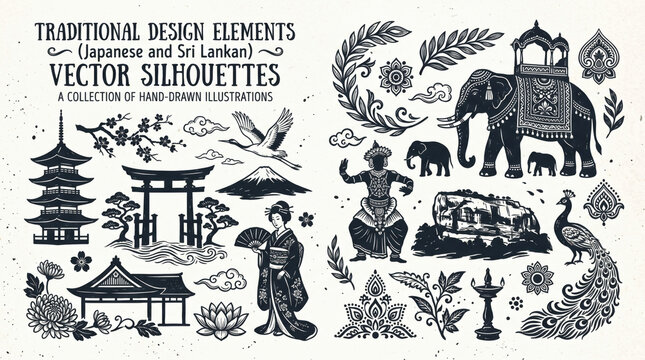 Traditional design elements: japanese and sri lankan vector silhouettes