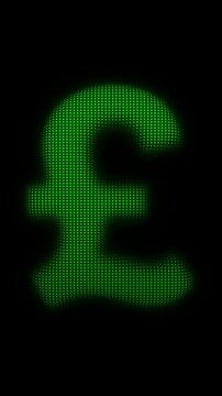 Green Pound Sterling Symbol Scanner Effect Animation, Digital Dot Particles on Dark Background, Green Scanning Dot Grid Currency Symbol, 4K Seamless Loop, Vertical Video 9:16