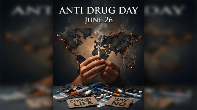 Anti drug day with hands holding cigarette and world map on fire