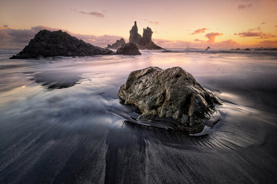 Spectacular sunset on the beach of benijo in tenerife
