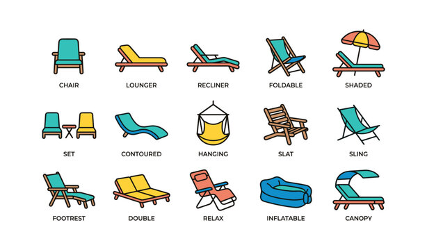 Lounge and deck chair icons arranged in grid on white background