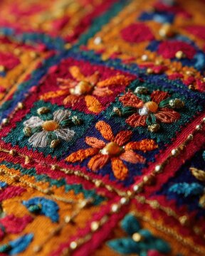 Detailed embroidery of phulkari fabric worn during Vaisakhi
