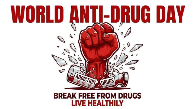 World antidrug day poster with a clenched fist breaking free