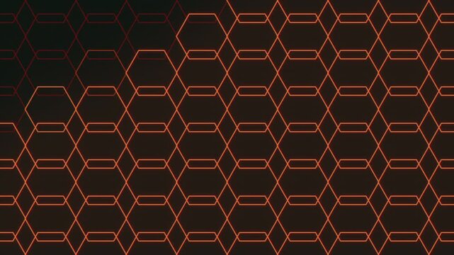 Abstract futuristic neon red hexagon lattice and line grid on dark background, seamless geometric technology texture for cyber, sci fi, UI and motion design