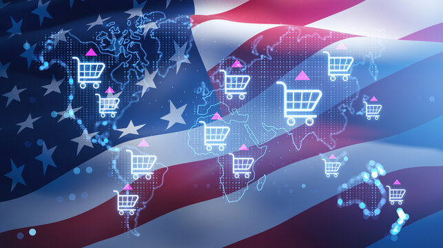 Global ecommerce concept with digital shopping cart icons over world map blended with USA flag background illustrating american business trends. 3D Rendering