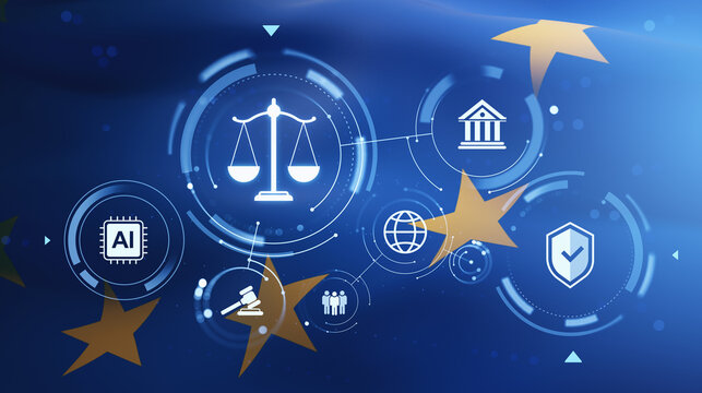 Digital governance and justice symbols with AI, security and institutional icons over an EU themed background illustrating a modern regulatory concept. 3D Rendering