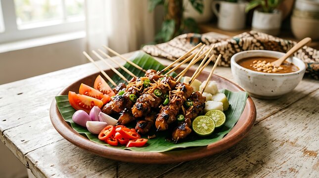 Hidangan sate ayam dengan lalapan segar dan saus pedas, disajikan di atas piring kayu di meja makan alami dan cozy