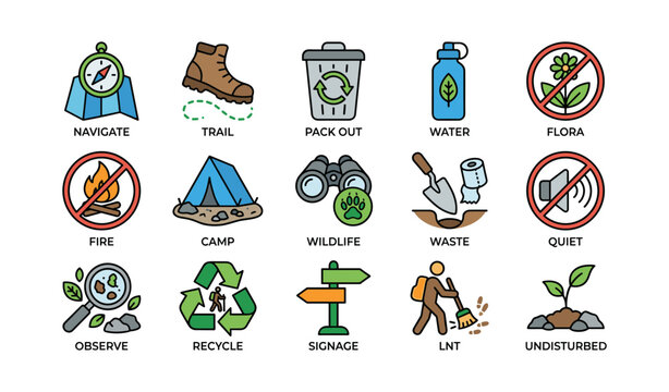 Trail icons illustrating outdoor ethics and camping practices on white