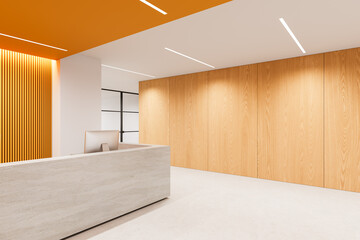Modern minimalist office reception interior with bright orange ceiling accents, light wood wall...