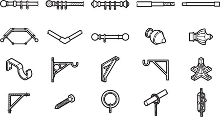 Fototapeta premium Collection of various curtain rods, brackets, and accessories, presented in a clean and organized manner. Ideal for interior design and home improvement projects.