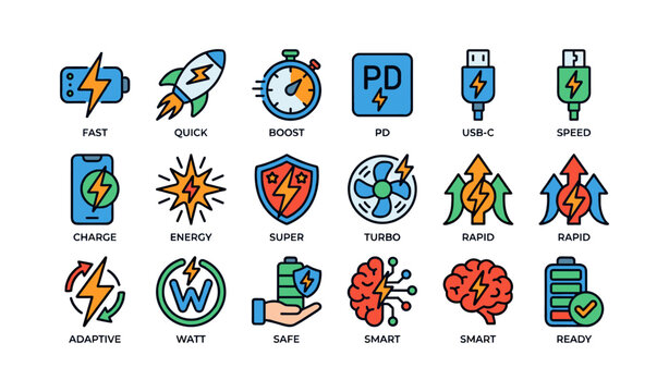 Power and charging icons showing charging concepts on white