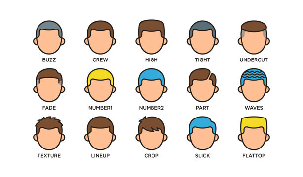 Collection of male hairstyle icons showing various cuts on white