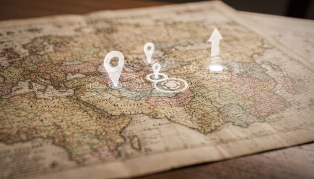 Printed historical map page displaying augmented reality navigation symbols in clear focus with soft blurred surroundings highlighting interactive educational experiences.