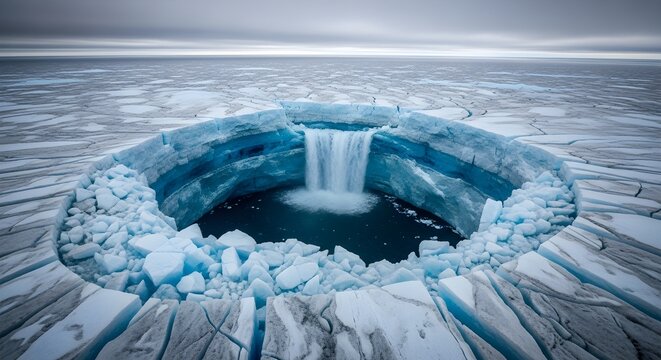 Climate Change Concept: Melting Arctic Ice Cap with Waterfall into Deep Crevasse, Environmental Crisis and Global Warming Impact Landscape