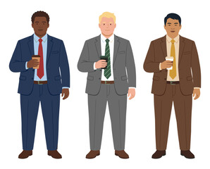 Obraz premium Businessmen standing diverse ethnicity holding coffee cups wearing suits professional attire formal clothing isolated white background corporate scene office environment