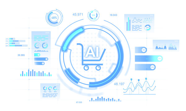 Futuristic digital retail AI interface with blue data charts and circular HUD elements displayed on light background for modern technology concept. 3D Rendering