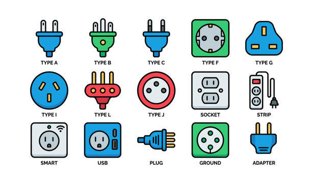 Power plug and socket icons showing outlet types on white background