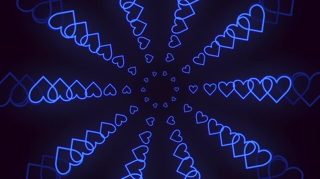 Abstract glowing blue neon heart outlines forming a radial tunnel on dark background, ideal for romantic visuals, Valentine designs, wedding promos, and social media