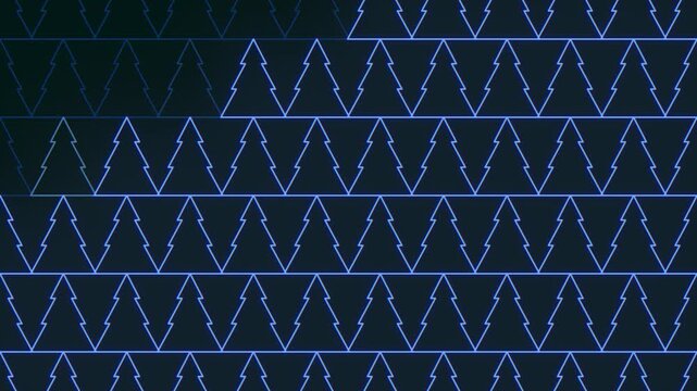 Abstract holiday footage with repeating neon blue Christmas tree outlines in rows on a dark background, ideal for seasonal promos, winter events, and digital backdrops