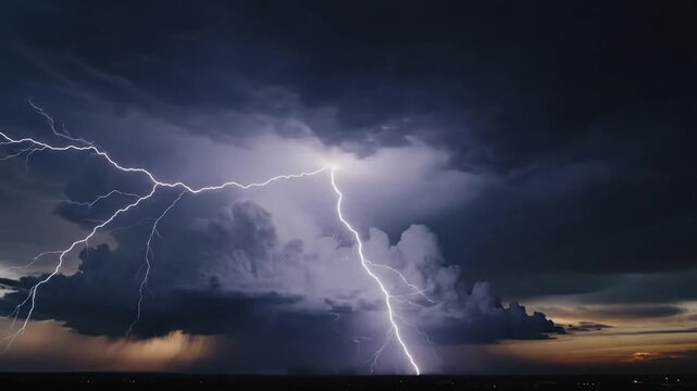 Dramatic lightning strike captured against dark cloudy sky, ideal for backgrounds, weatherrelated designs, or depicting power and energy concepts.