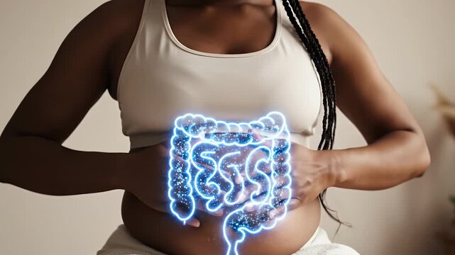 Woman Holding Abdomen with Glowing Blue Intestine Overlay Showing Digestive System Health and Discomfort