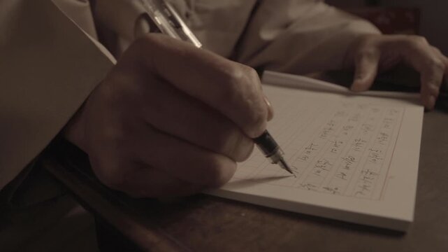 Person in traditional Korean clothes writing on manuscript paper with a pen