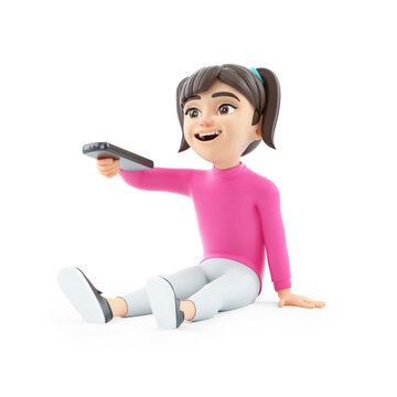 3d girl sitting on floor using remote control