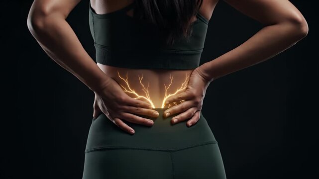 Woman in Dark Green Activewear Touching Lower Back Experiencing Pain with Glowing Sciatic Nerve Stimulation