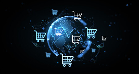 Global ecommerce shopping cart icons floating around digital earth sphere in futuristic network style concept depiction. 3D Rendering © ImageFlow
