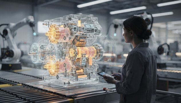 Medium shot capturing virtual model predicting equipment wear and maintenance downtime emphasizing proactive asset management in manufacturing.