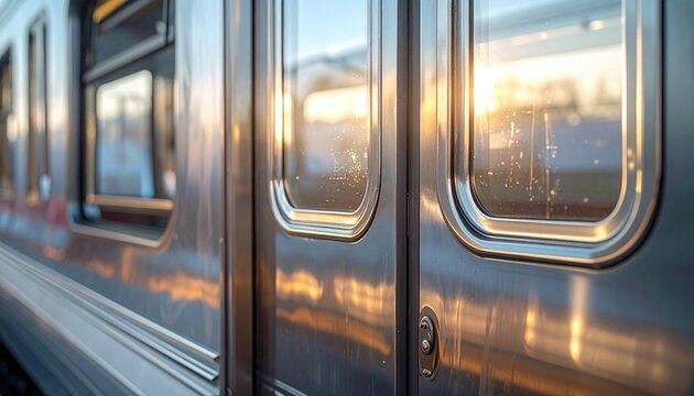 夕陽の光を反射するステンレス製の電車ドアと窓枠のクローズアップ超リアル写真