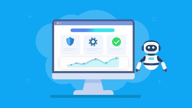 Friendly robot assistant managing automated dashboard with data security, shield protection, analytics charts, and progress indicators in smooth animation, representing safe systems and efficient work