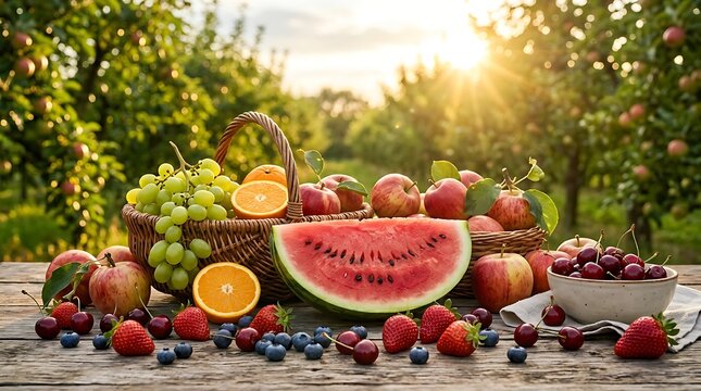 Keranjang Buah Segar dan Misteri Alam di Ladang Buah Saat Matahari Terbenam