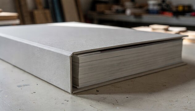 Close view of oversized museum catalog slipcase fitting around a thick art book contrasting sharp details with a blurred workshop background.