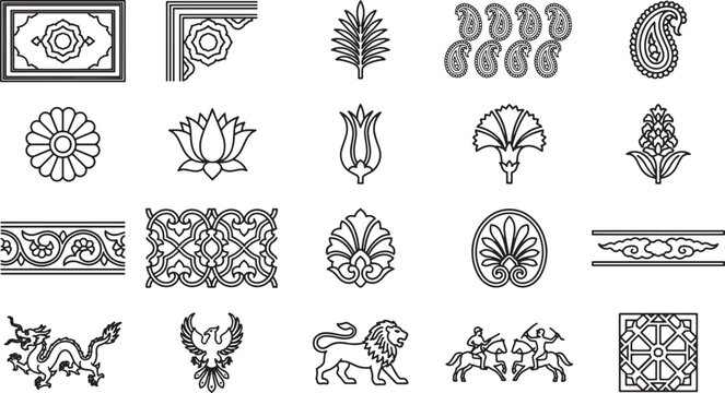 An array of exquisite design elements that blend floral patterns and animal forms, showcased in a grayscale palette for graphic resource. 