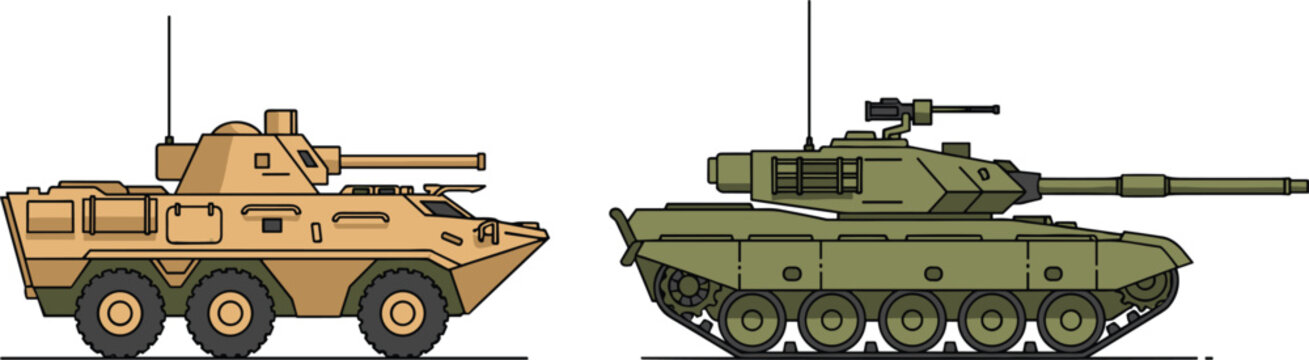 Armored Military Vehicles with Tank and Infantry Fighting Vehicle, Detailed Army Transport and Combat Machines for Defense, Warfare Concepts and Tactical Vector Illustration.