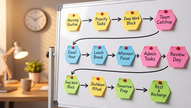 Daily Productivity Time Block Schedule on Home Office Whiteboard for Deep Work Focus Routine and Personal Energy Management