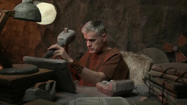 Prehistoric accountant sitting at his desk, he is using a calculator and carving a financial report on a stone tablet using a hammer and a chisel