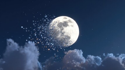 Fototapeta premium Ethereal Moon Surrounded by Digital Particles in a Night Sky with Clouds and Stars Creating a Mystical Atmosphere