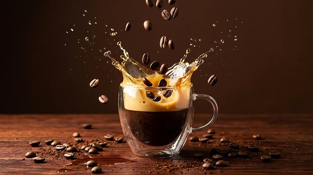 Kopi hitam dalam gelas kaca transparan dengan efek semburan kopi dan biji kopi di atas meja, konsep minuman segar dan energi pagi hari