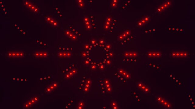 Abstract red glowing LED dots form a radial geometric pattern on dark background, futuristic digital light display for technology themes, VJ visuals, and overlays